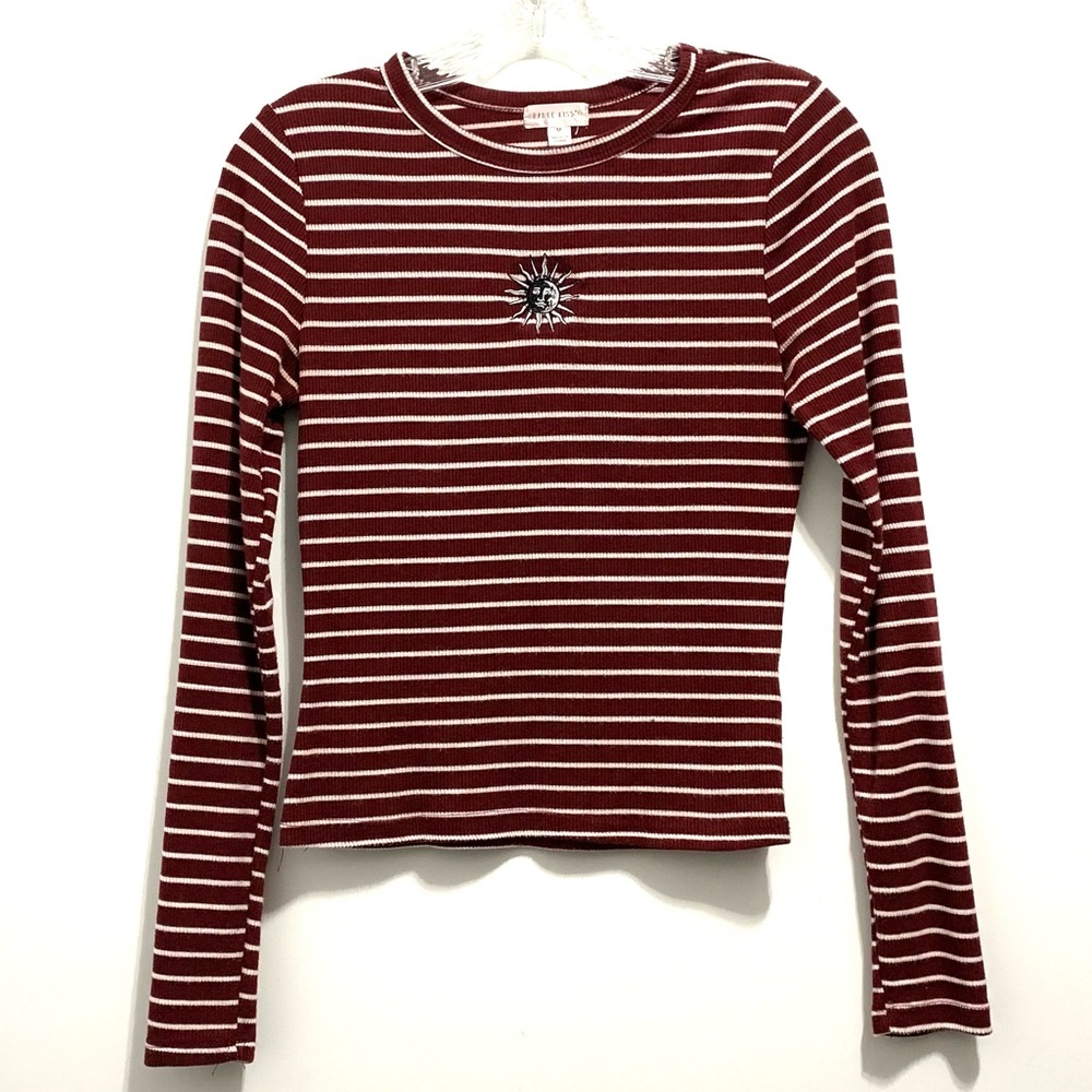 🔸Orange Kiss Women’s Long Sleeve Striped White & Maroon Burgundy Cranberry Top